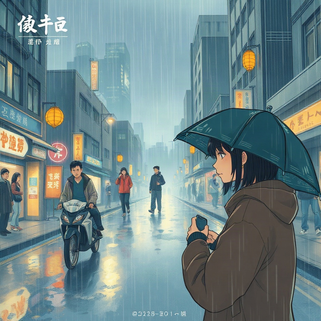 AI漫剧《纸上江湖》海报，书页中展开一条雨夜长街